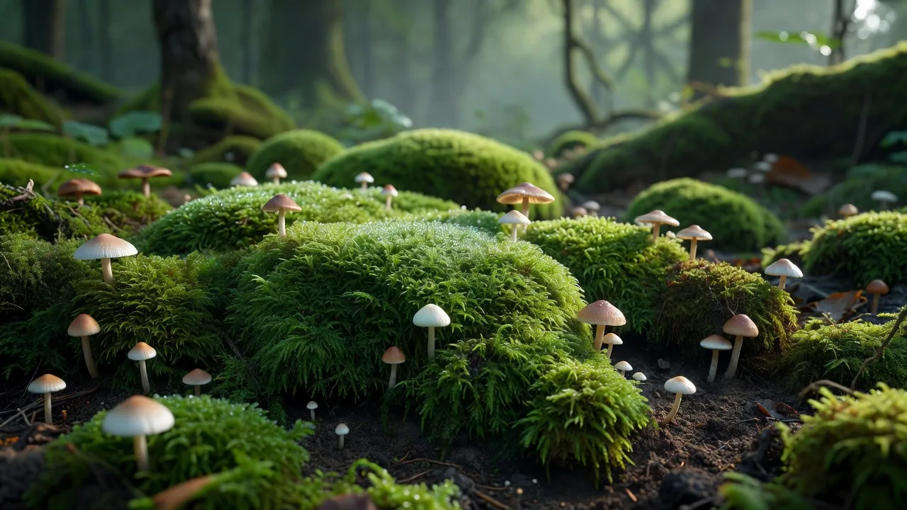 森林地表の蘚苔類ときのこ